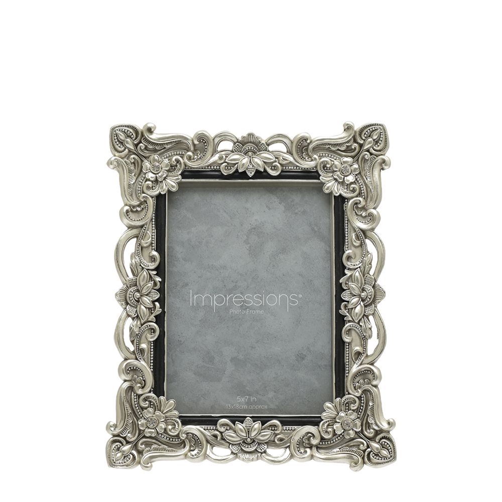Impressions Antique Silver Floral Resin Frame w/Crystals 5x7