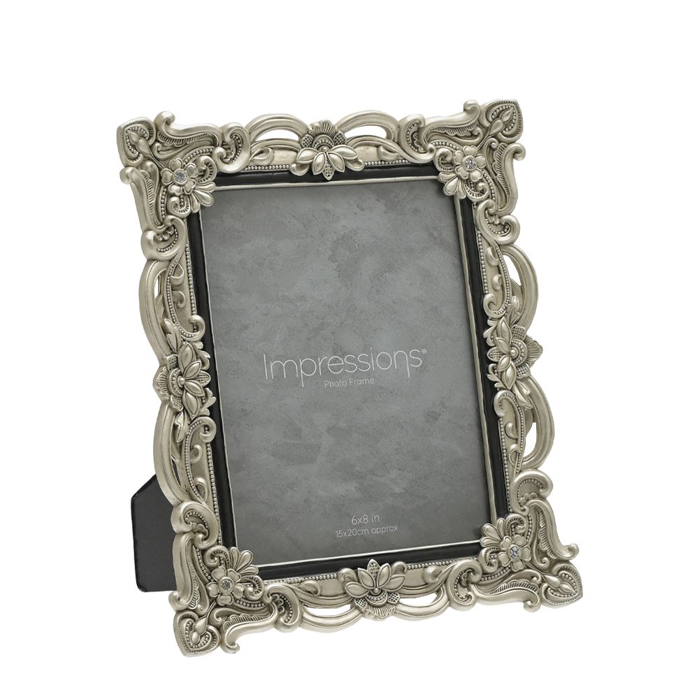 Impressions Antique Silver Floral Resin Frame w/Crystals 6x8