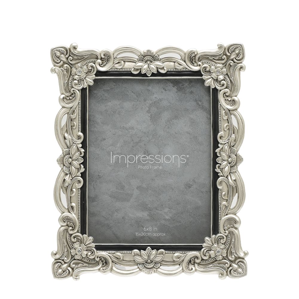 Impressions Antique Silver Floral Resin Frame w/Crystals 6x8