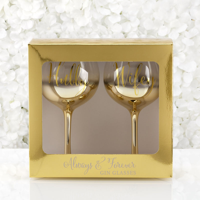 Always & Forever Set of 2 Gold Ombre Gin Glasses Hubby/Wifey