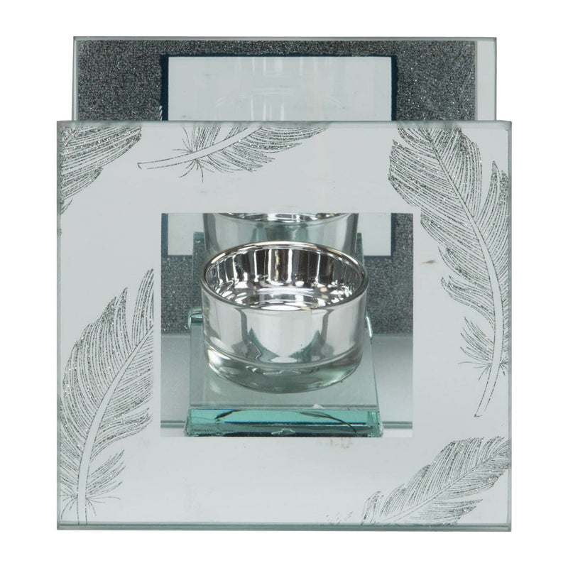 Hestia Silver Glitter Feather Glass Tea Light Holder