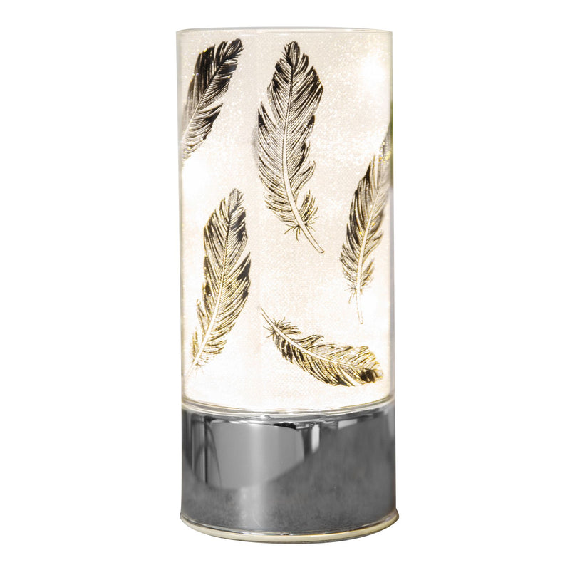Glass Black Feather Design Tube with LED Lights 9 x 20cm