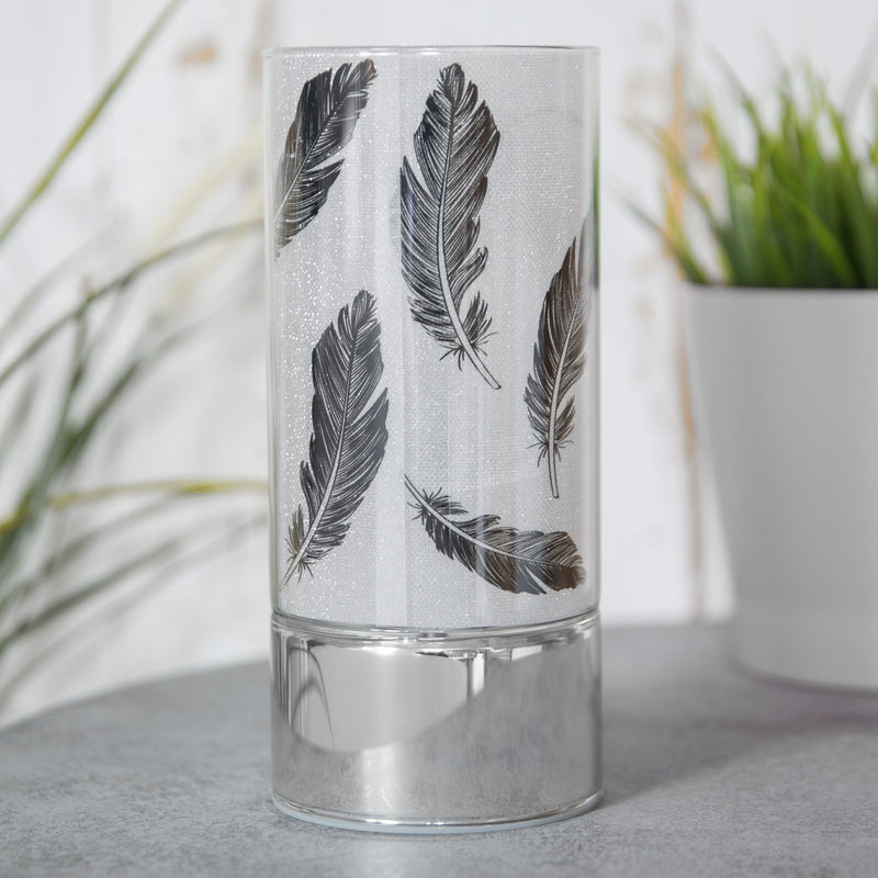 Glass Black Feather Design Tube with LED Lights 9 x 20cm