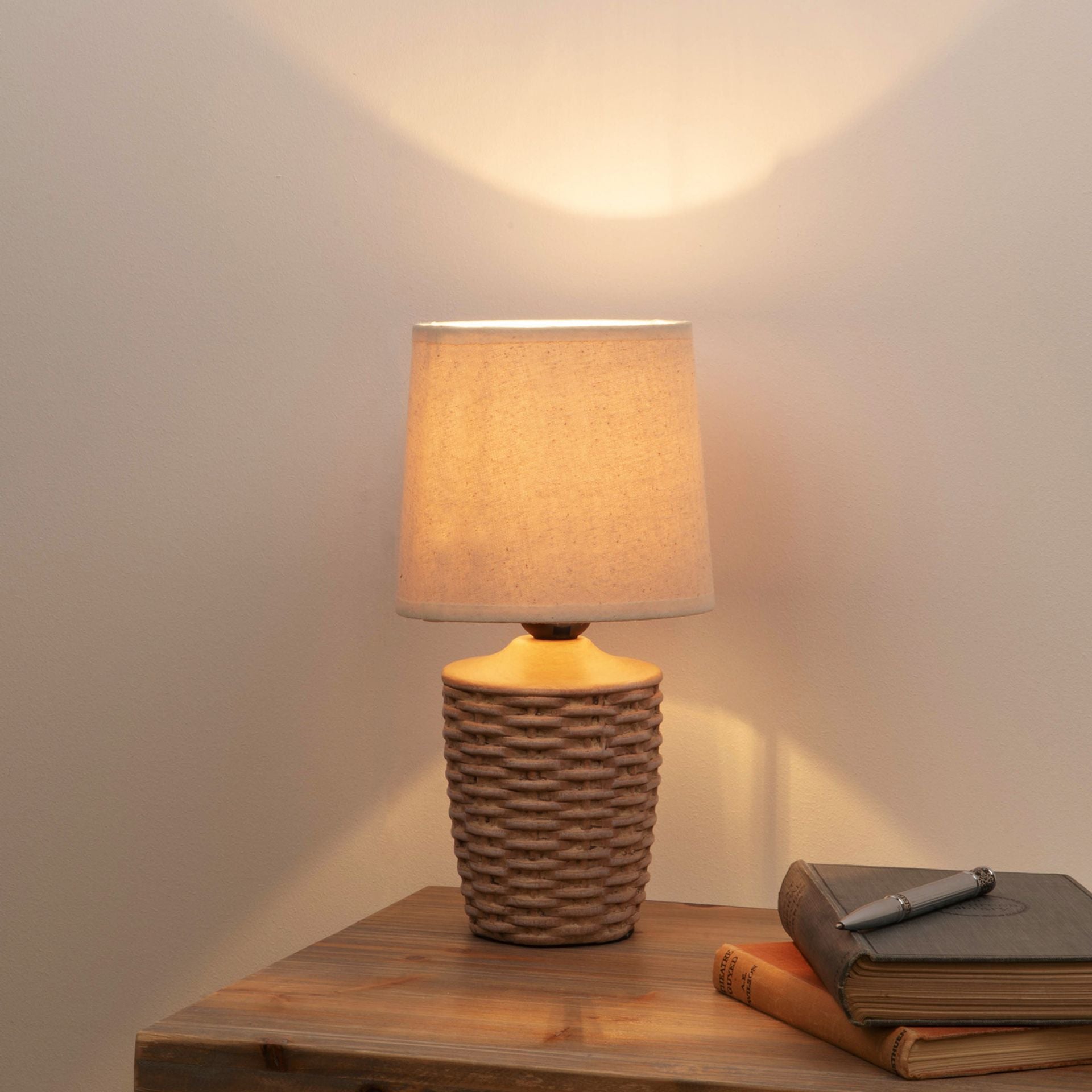 Basket Weave Table Lamp with Beige Linen Shade