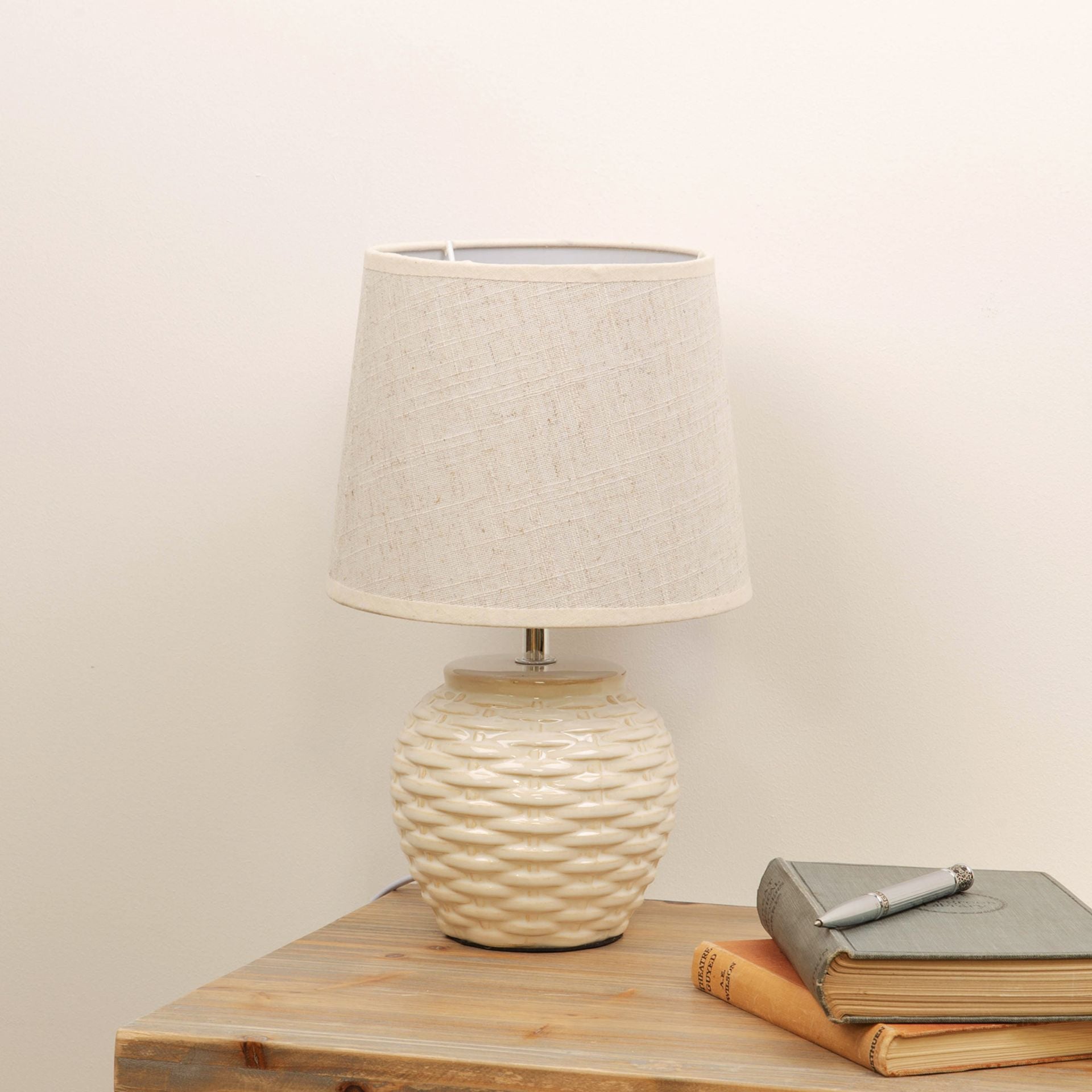 Basket Weave Table Lamp with Beige Linen Shade
