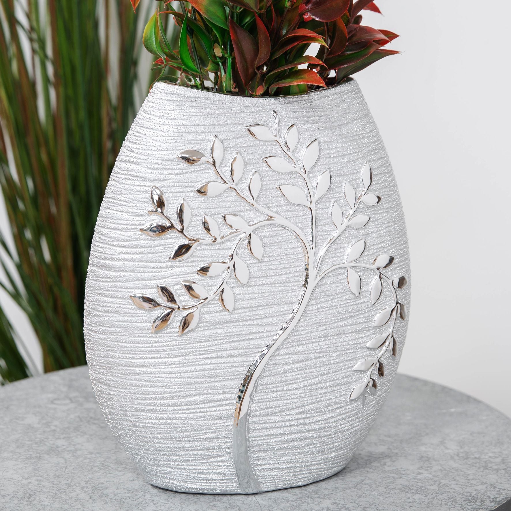 Textured Silver Branch Oval Vase 24cm