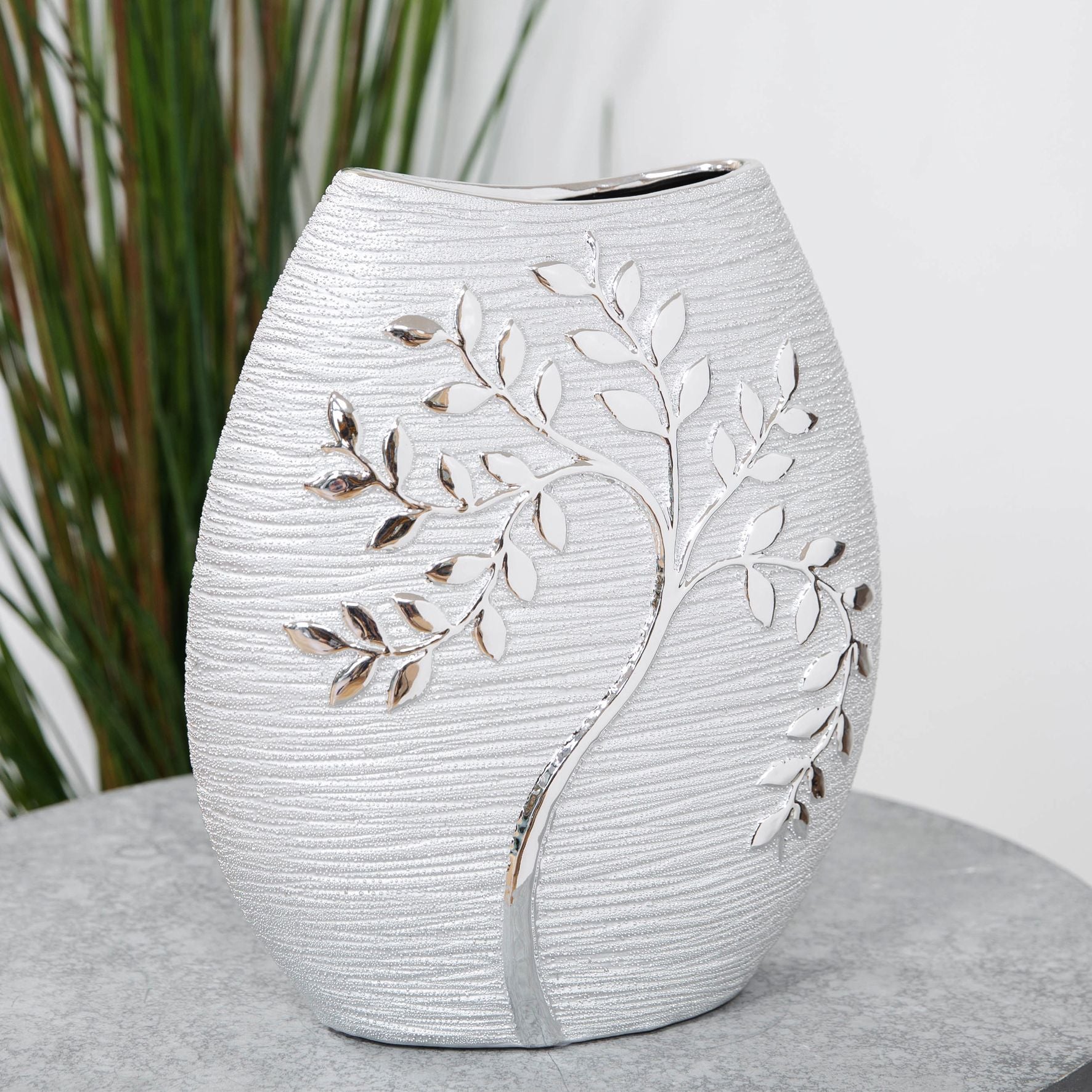 Textured Silver Branch Oval Vase 24cm