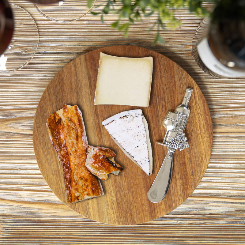 Round Acacia Cheese Board with Spreader Wine Bottle Design