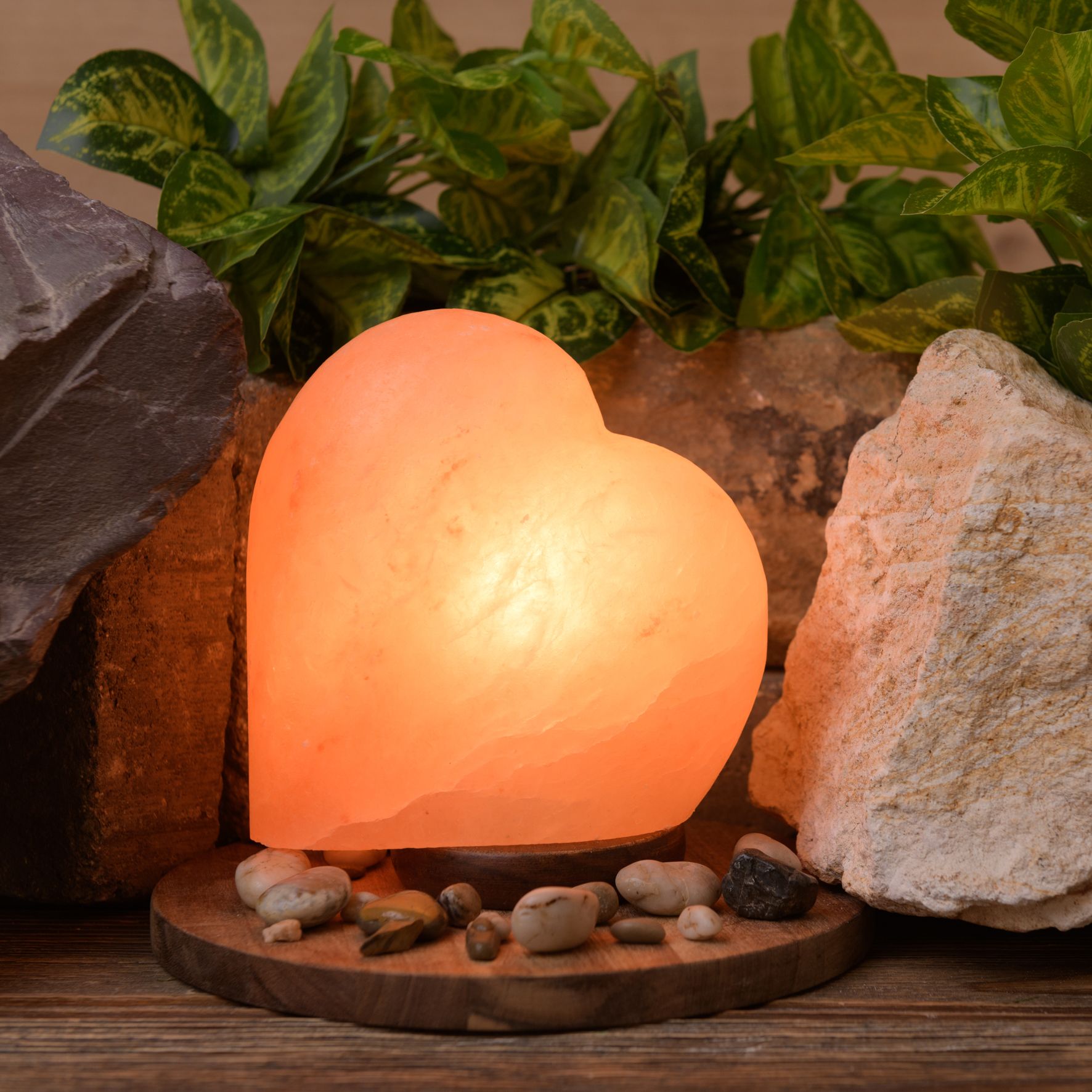 Heart Shaped Salt Lamp with Wooden Base