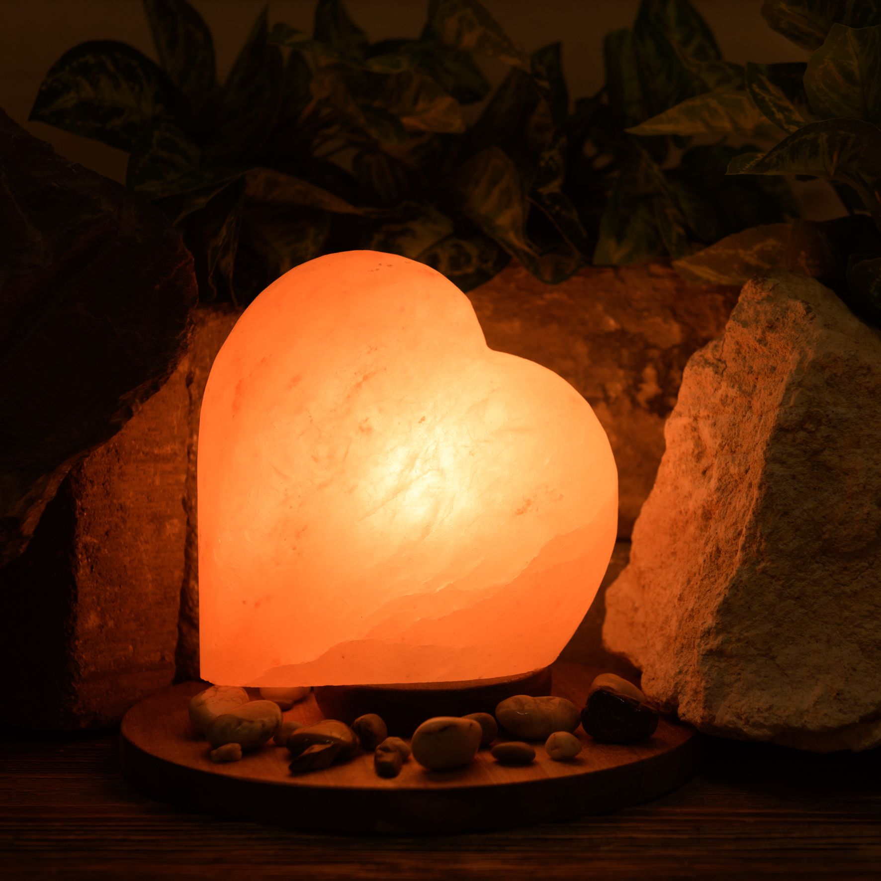 Heart Shaped Salt Lamp with Wooden Base