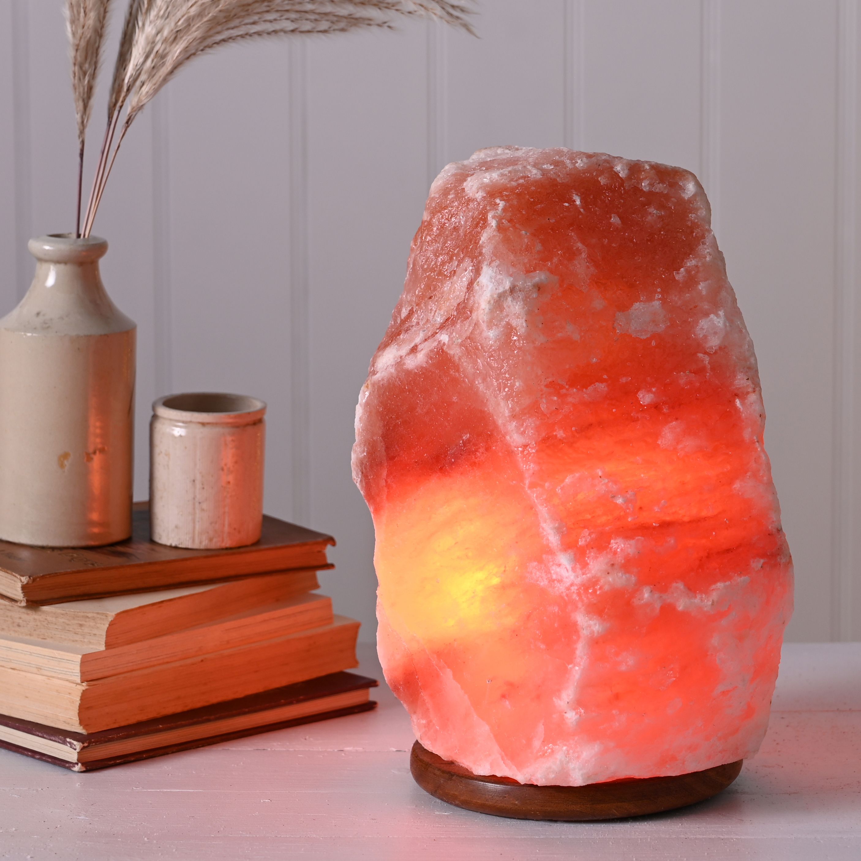 Large Rock Salt Lamp on Wooden Base