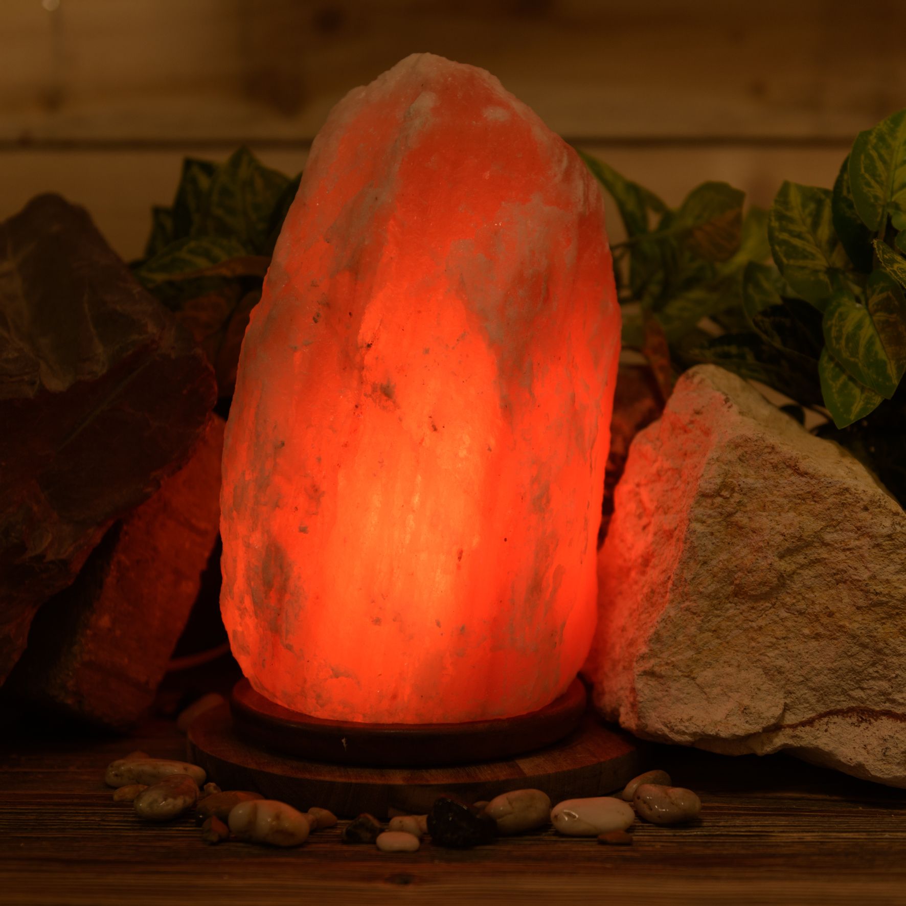 Large Rock Salt Lamp on Wooden Base