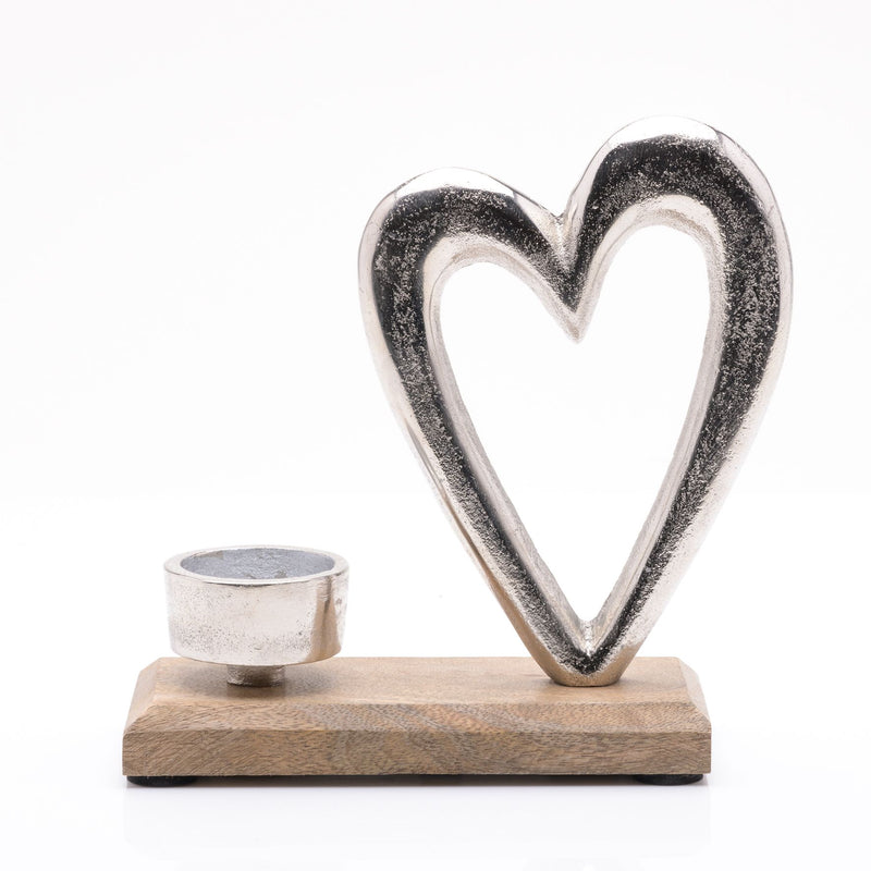 Metal Heart & Wood Tea Light Holder 16cm
