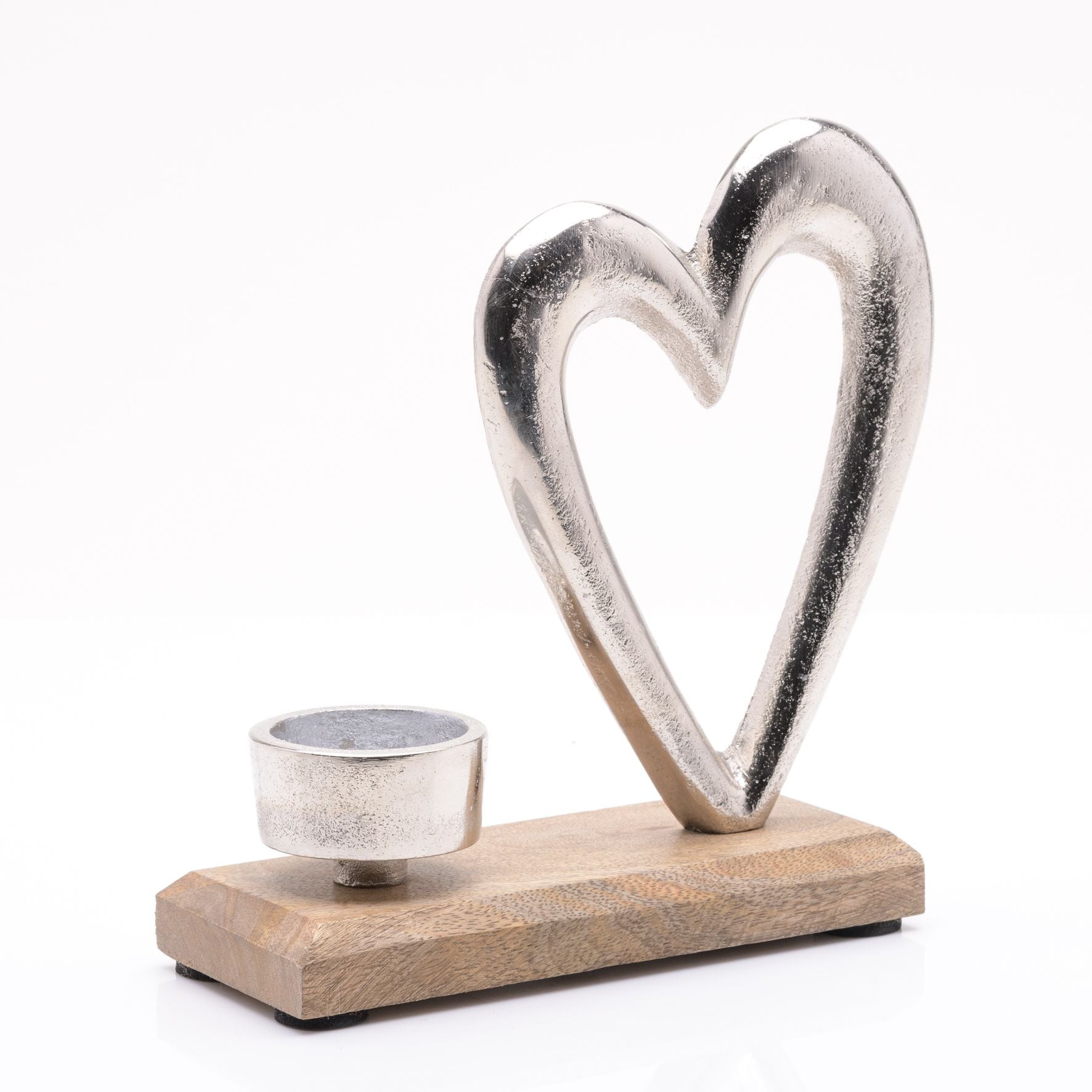 Metal Heart & Wood Tea Light Holder 16cm