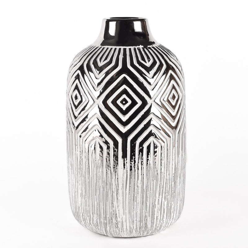 Silver & White Geometric Vase 25.5cm