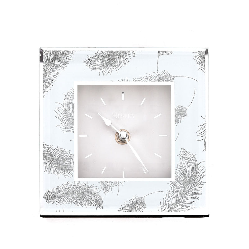 Hestia Glass Grey Feathers Print Mantel Clock