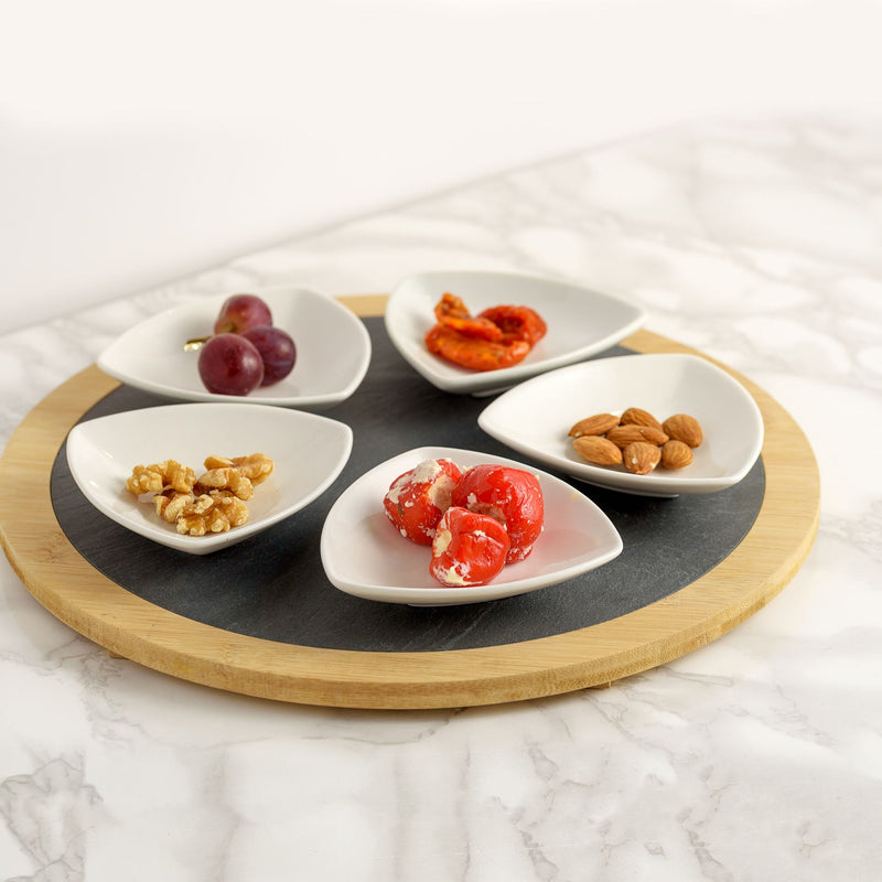 Set of 5 Ceramic Dishes with Round Slate Tray