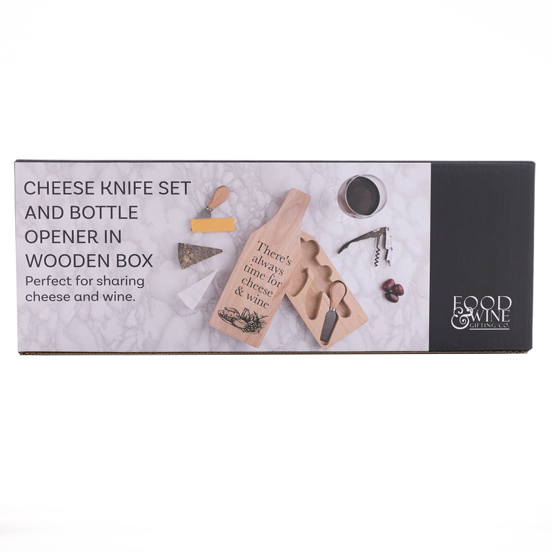 Cheese and Wine Set in Wooden Case - Knives & Corkscrew