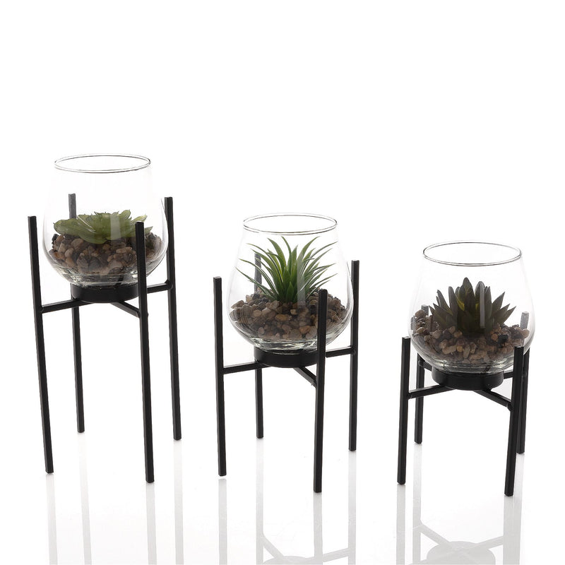 Hestia Set of 3 Glass Planters with Faux Succulent