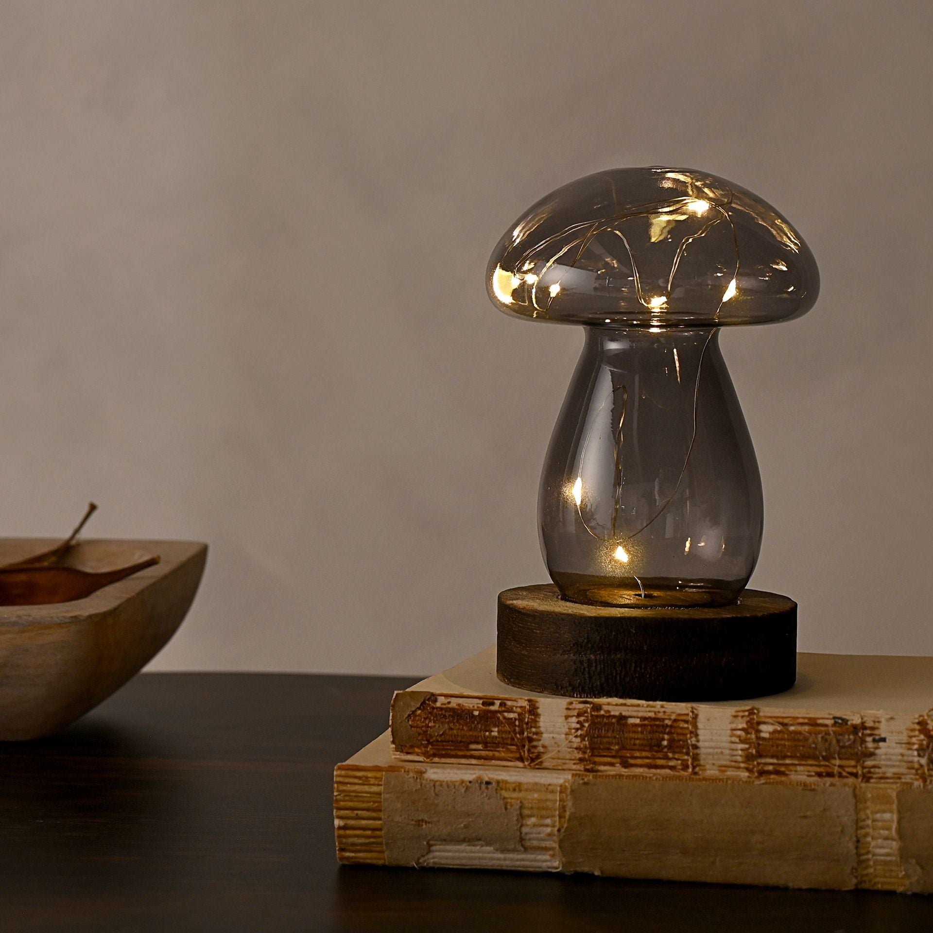 Grey Glass Mushroom with LED Lights - Medium