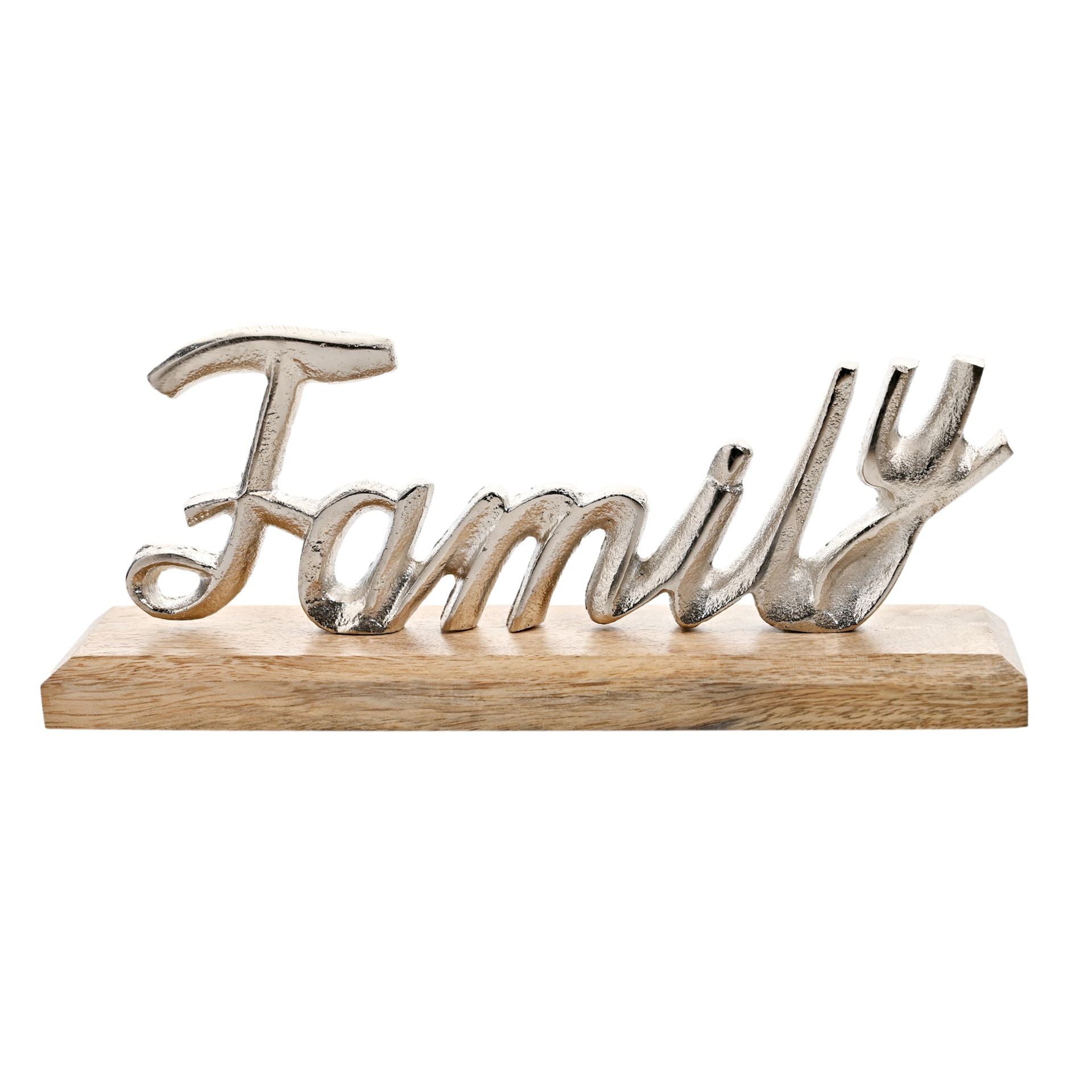 Hestia Silver Metal "Family" Sign on a Wood Base