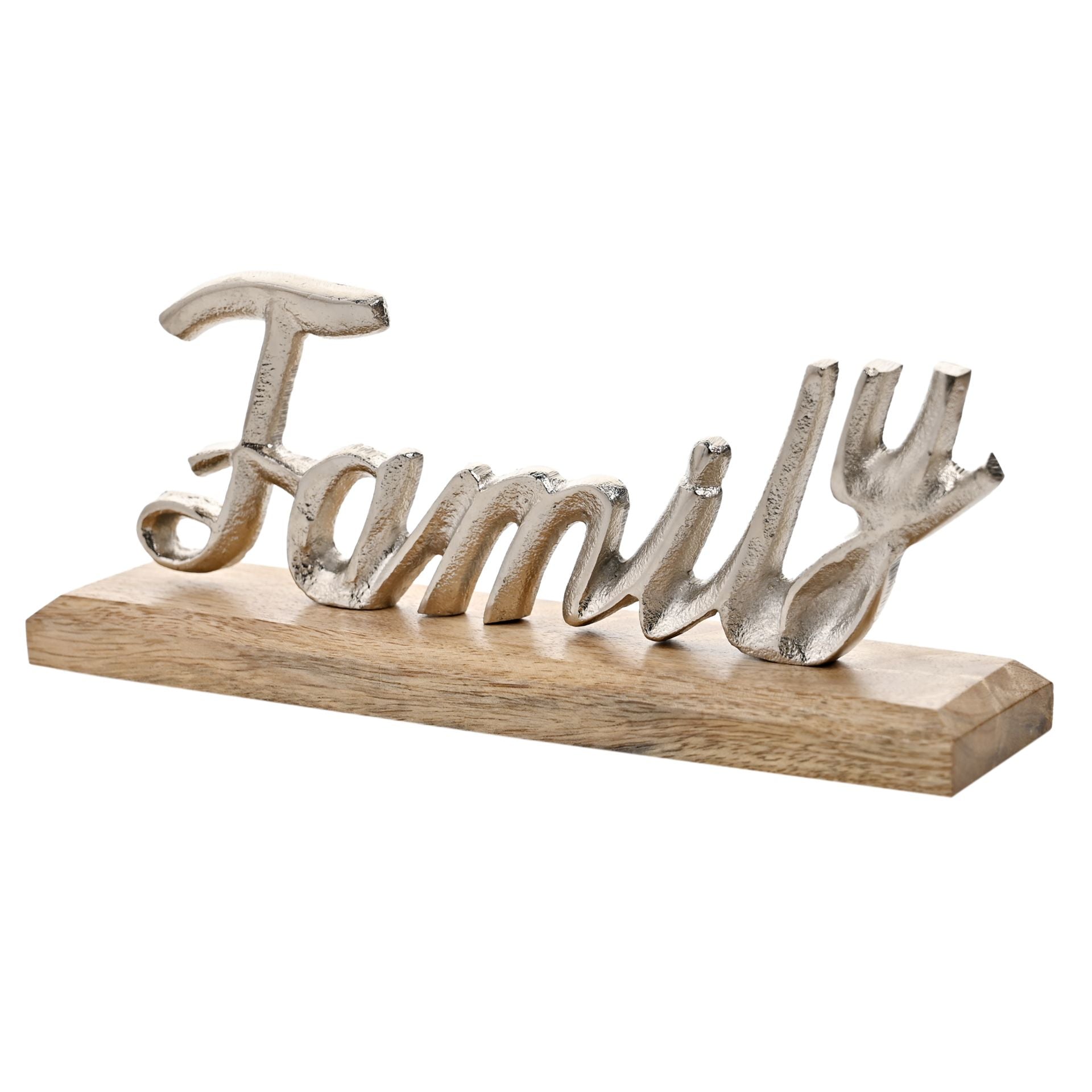 Hestia Silver Metal "Family" Sign on a Wood Base