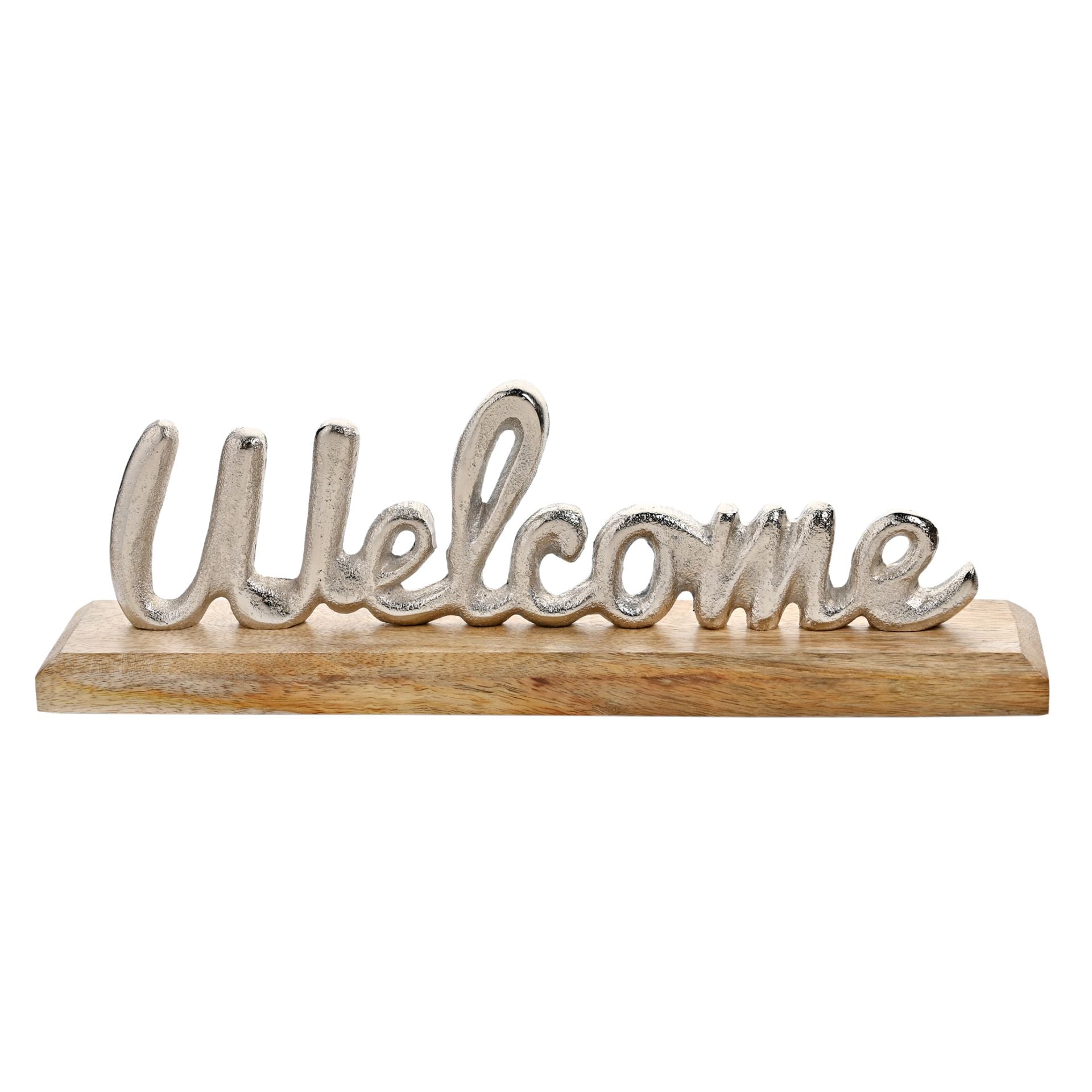 Hestia Silver Metal "Welcome" Sign on a Wood Base