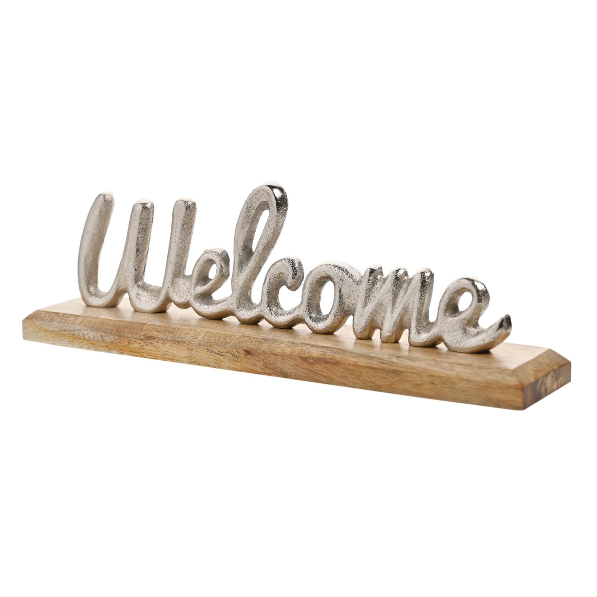 Hestia Silver Metal "Welcome" Sign on a Wood Base