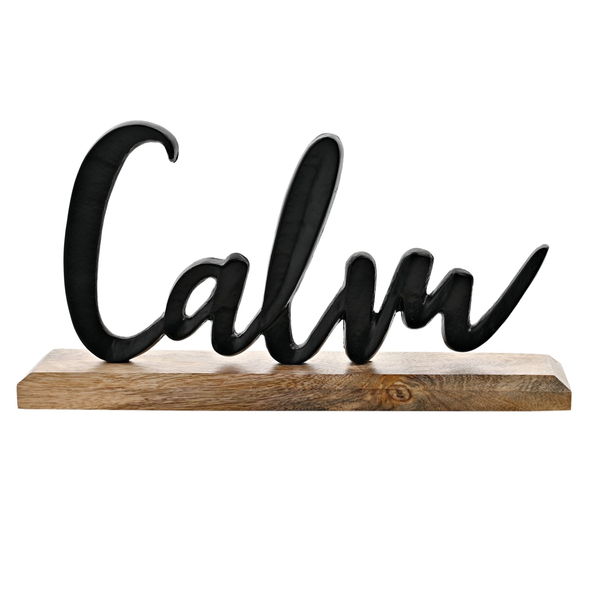 Hestia Matt Black Metal "Calm" Sign on a Wood Base