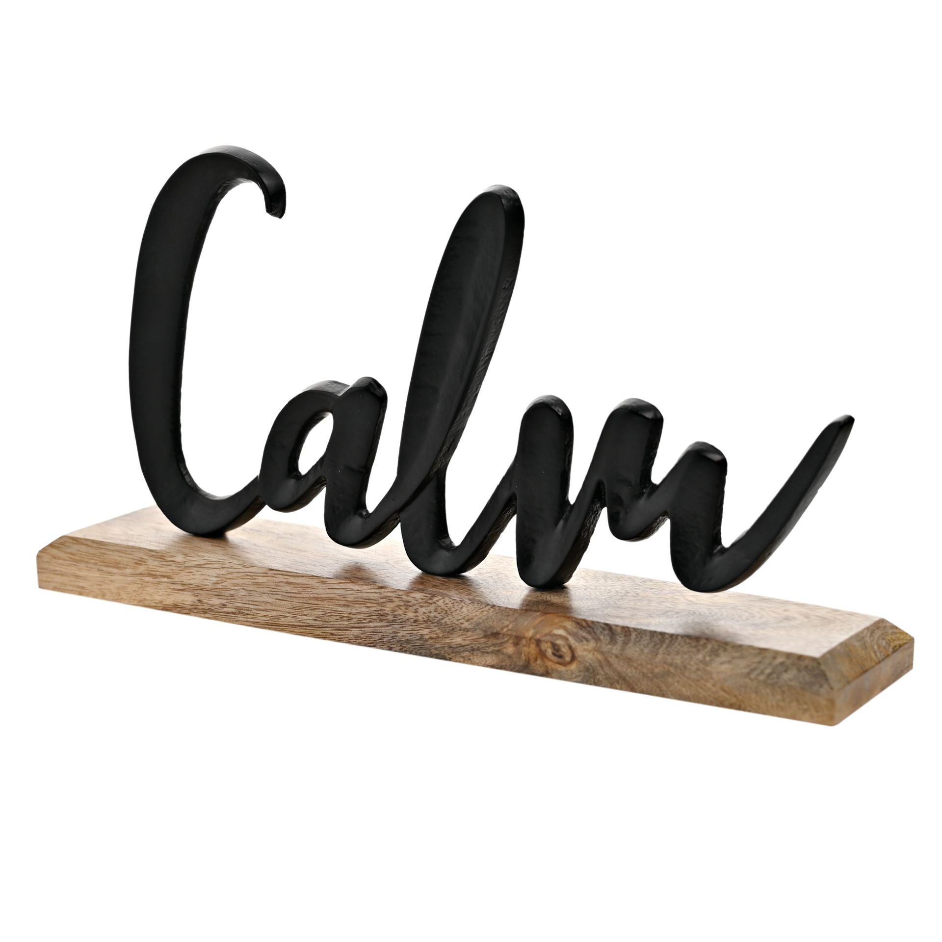 Hestia Matt Black Metal "Calm" Sign on a Wood Base