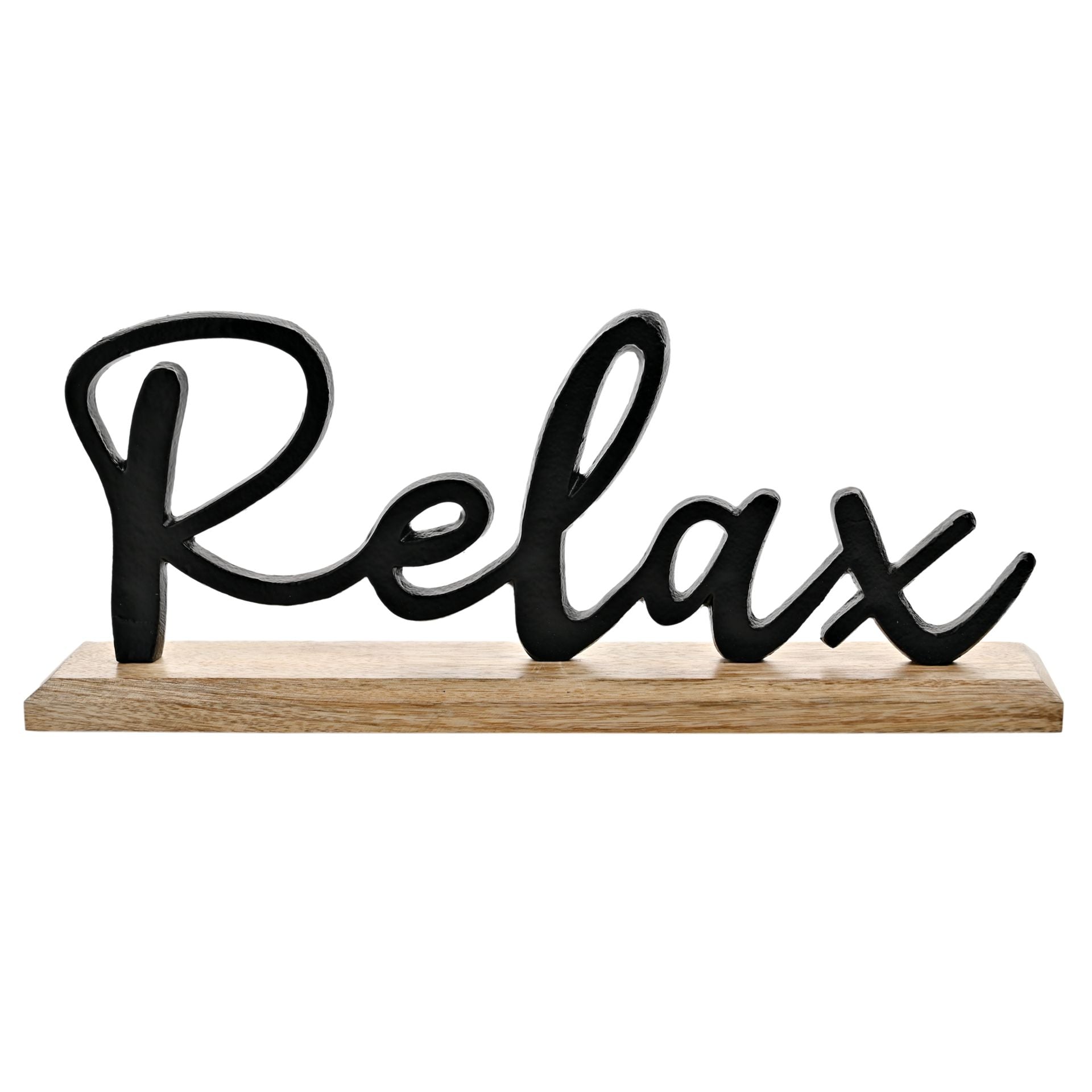 Hestia Matt Black Metal "Relax" Sign on a Wood Base