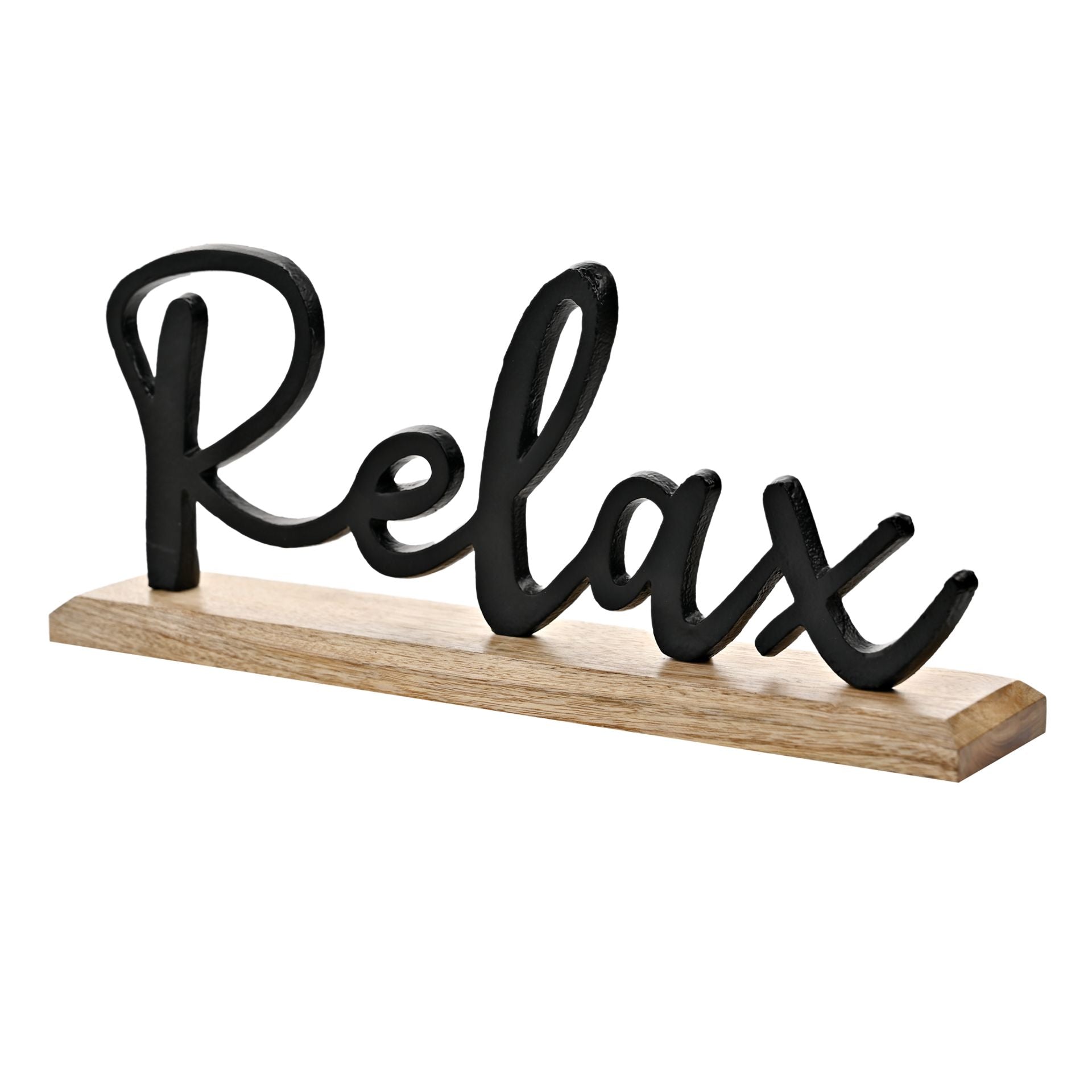 Hestia Matt Black Metal "Relax" Sign on a Wood Base