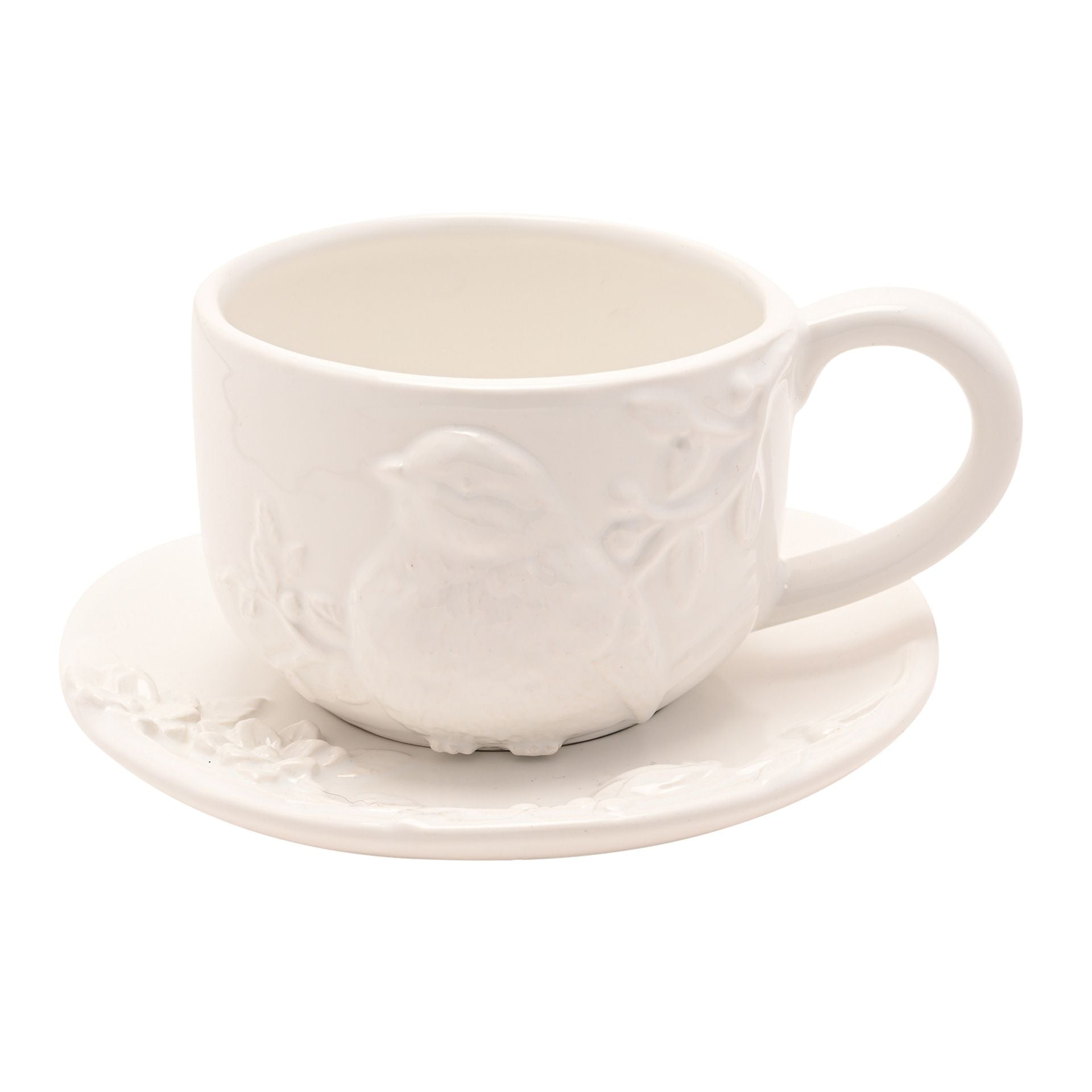 Hestia White Floral Bird Teacup & Saucer Set