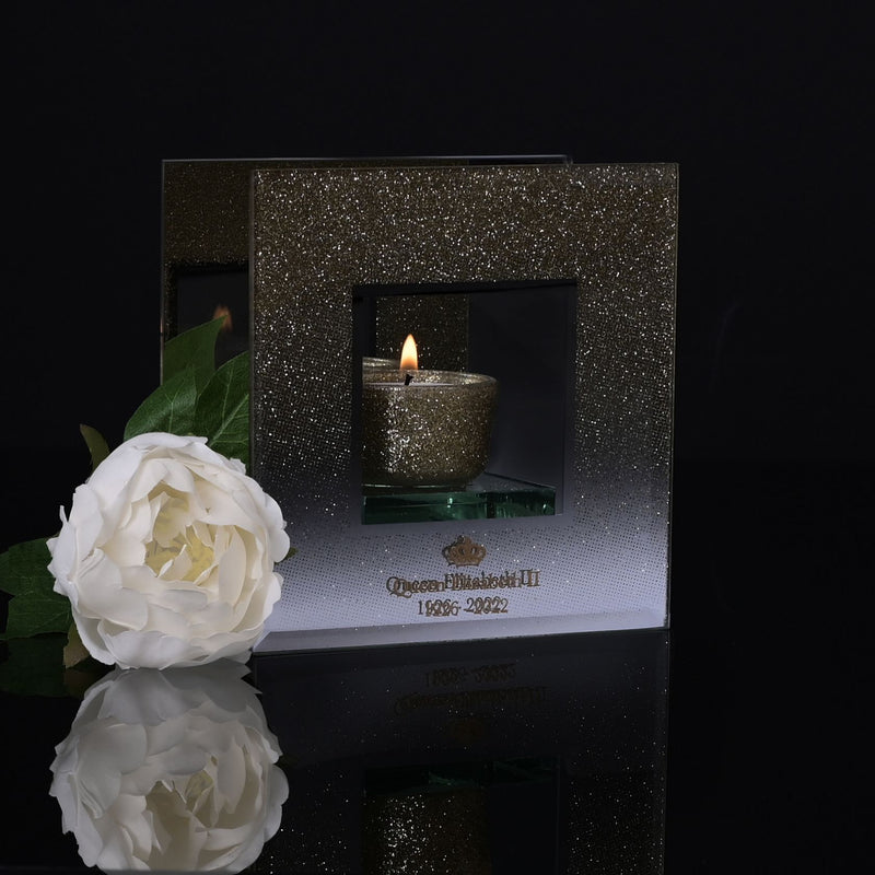 Queen Elizabeth II Gold Glitter Memorial Tea Light Holder