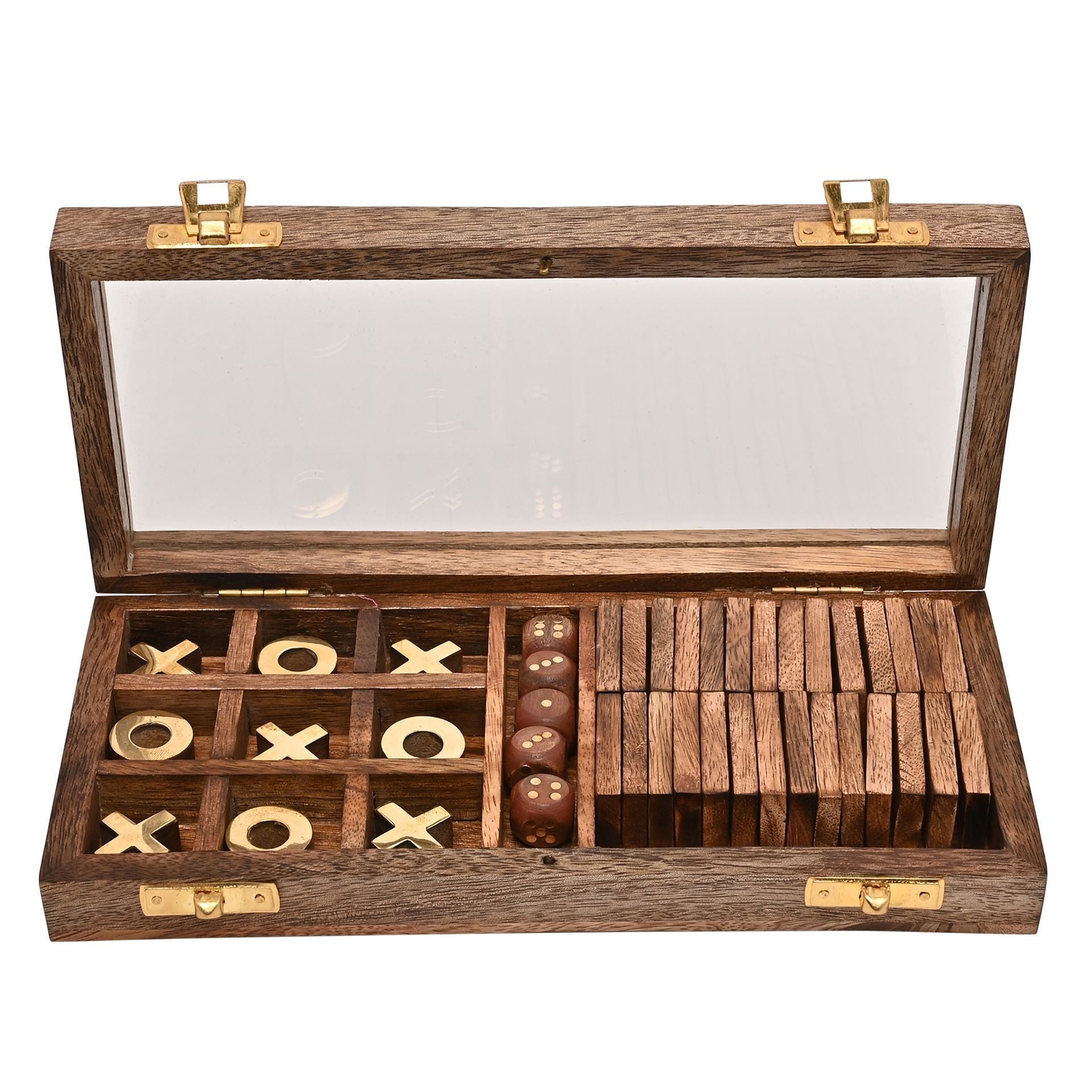 Harvey Makin Dominoes, Tic Tac Toe & Dice Set - Brown Wood