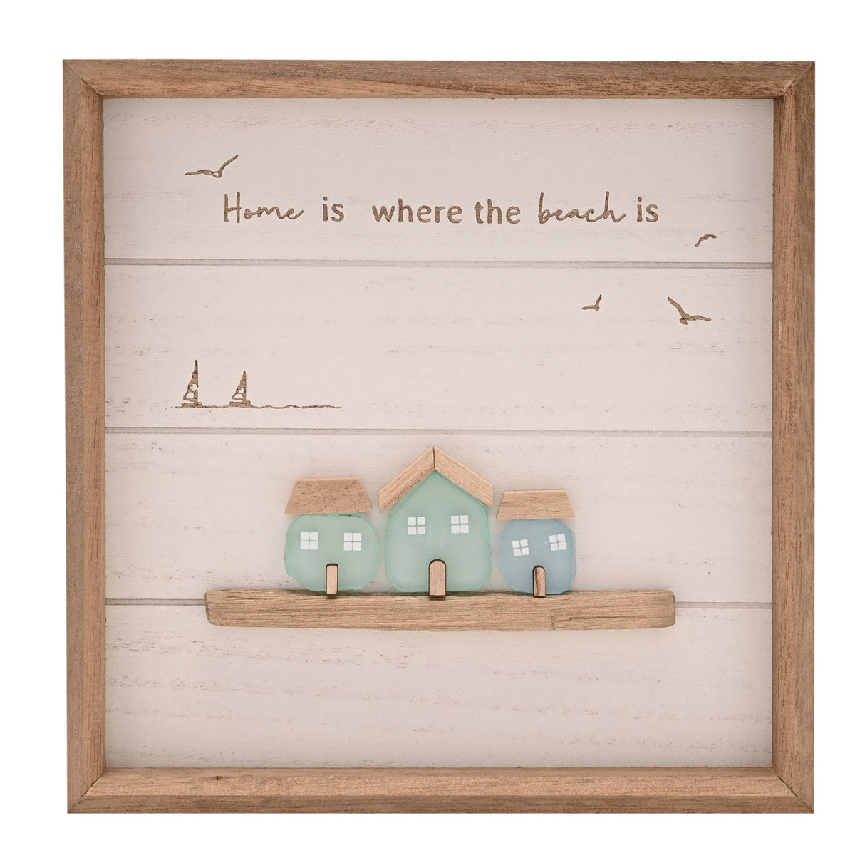 Love Life By The Sea Framed Plaque with Sea Glass - 3 Houses