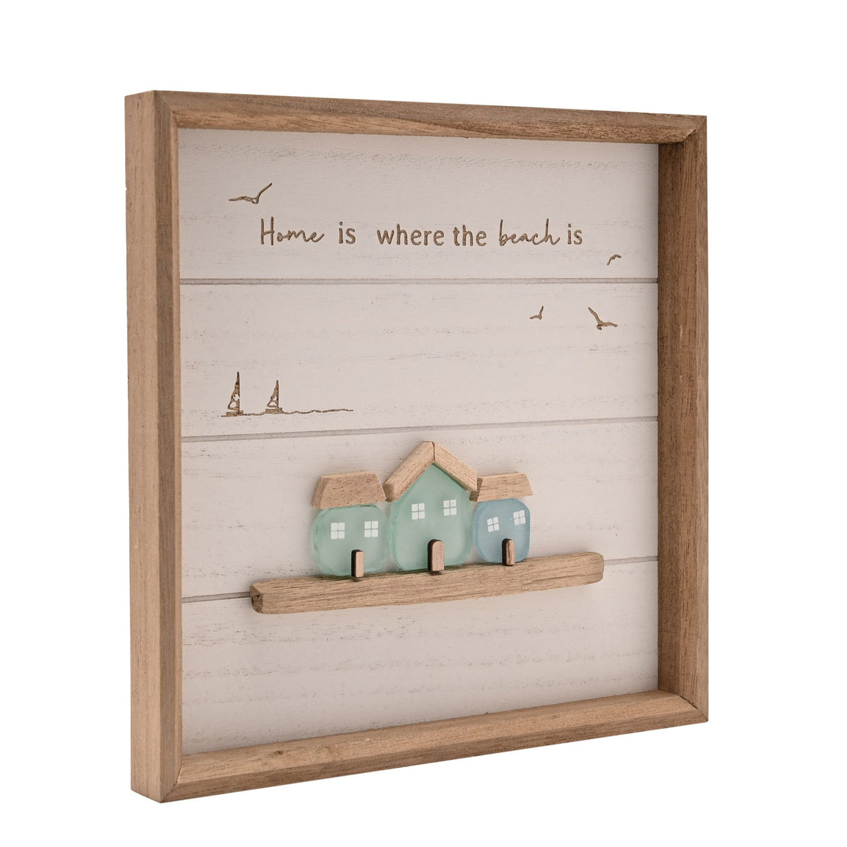 Love Life By The Sea Framed Plaque with Sea Glass - 3 Houses