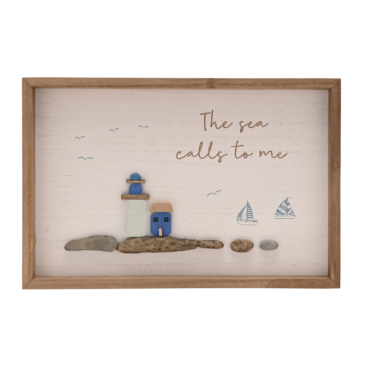 Love Life By The Sea Framed Plaque with Sea Glass - Lighthouse