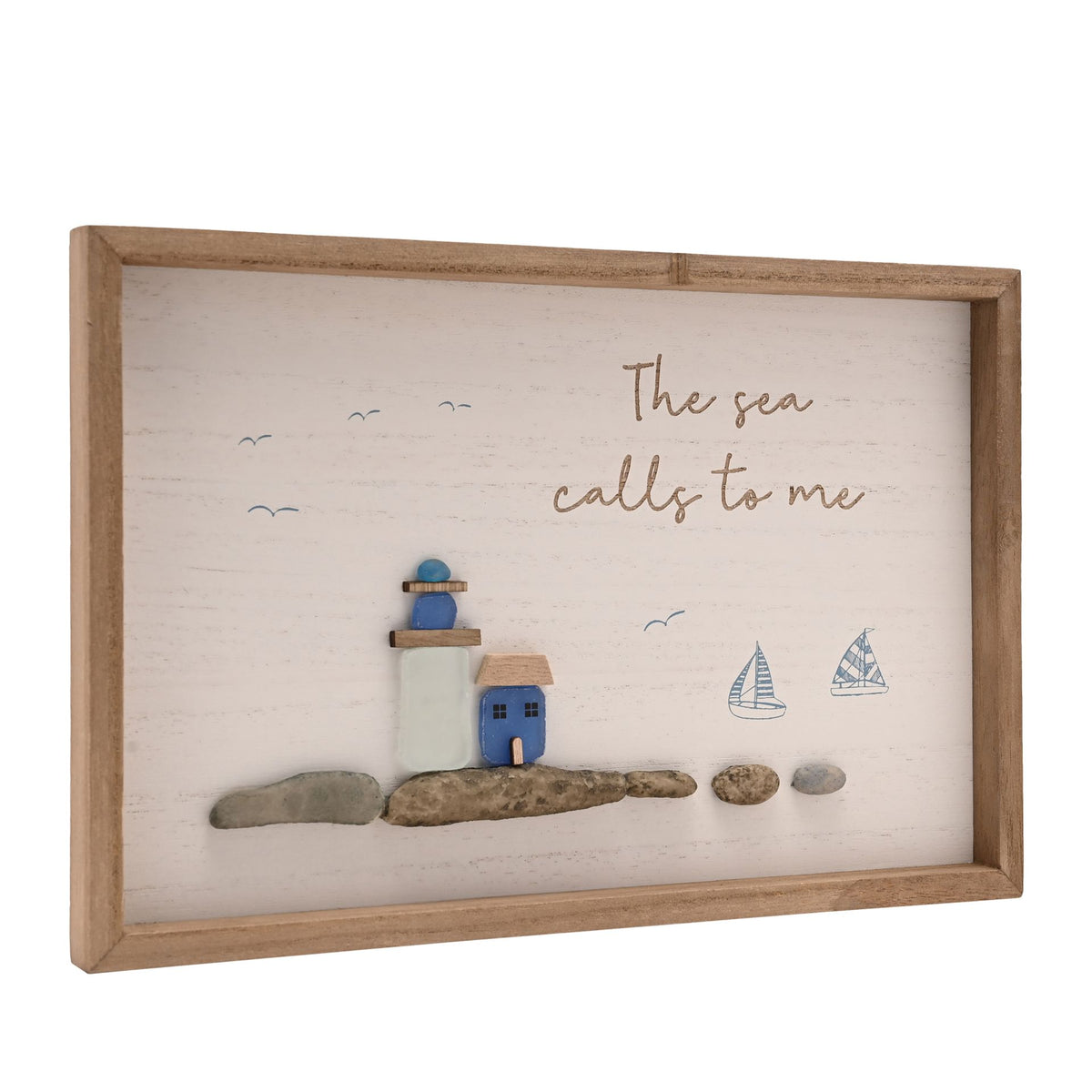 Love Life By The Sea Framed Plaque with Sea Glass - Lighthouse