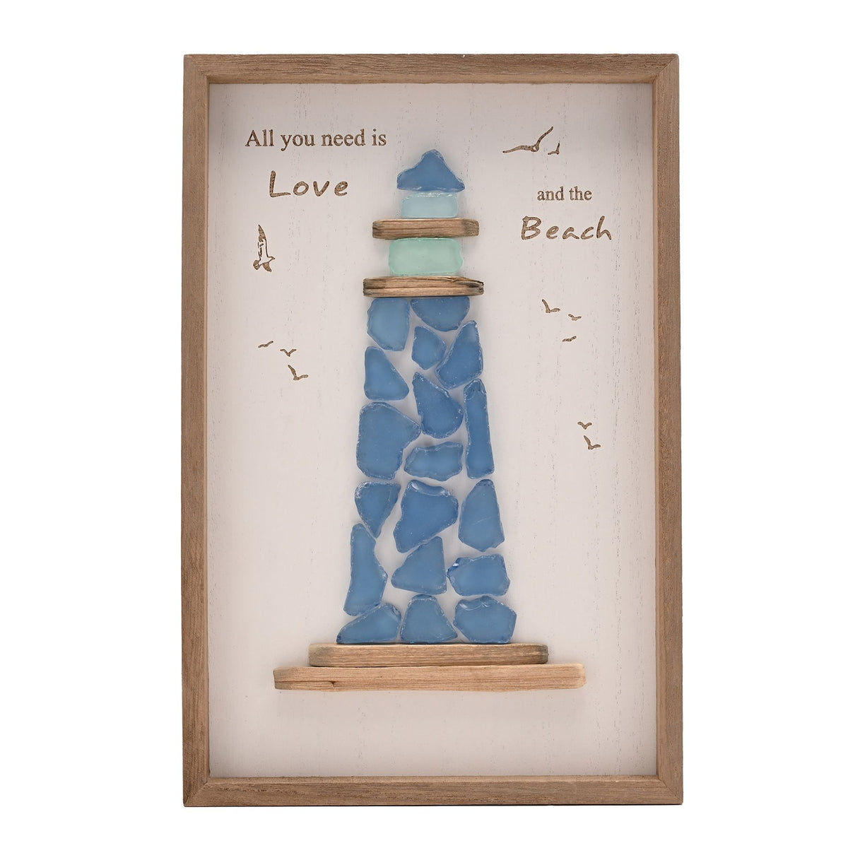Love Life By The Sea Framed Plaque with Sea Glass - Large Lighthouse