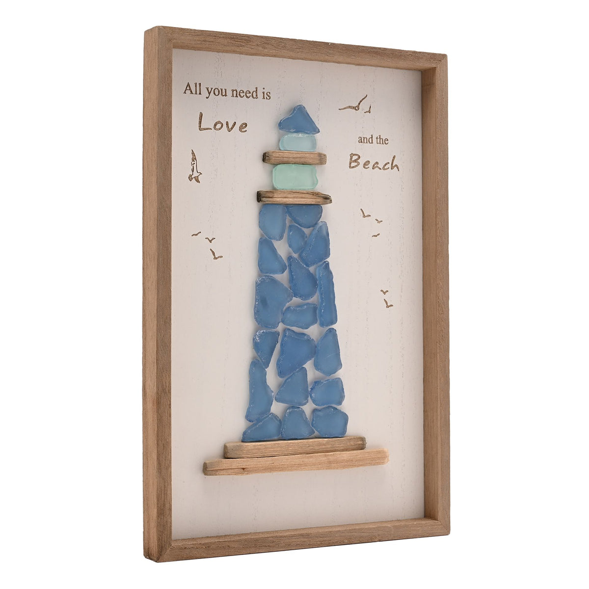 Love Life By The Sea Framed Plaque with Sea Glass - Large Lighthouse