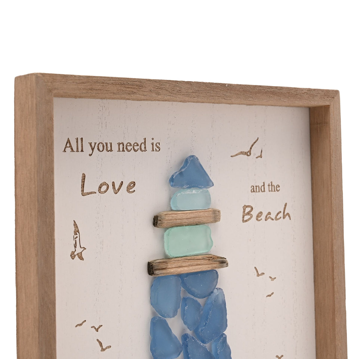 Love Life By The Sea Framed Plaque with Sea Glass - Large Lighthouse