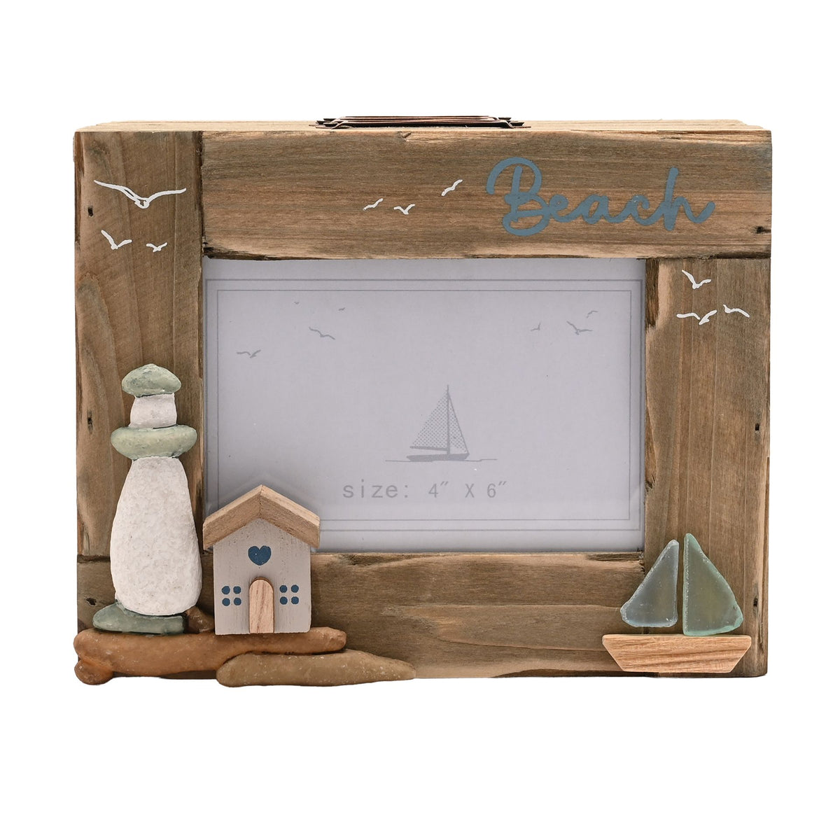 Love Life By The Sea Driftwood Photo Box with Sea Glass