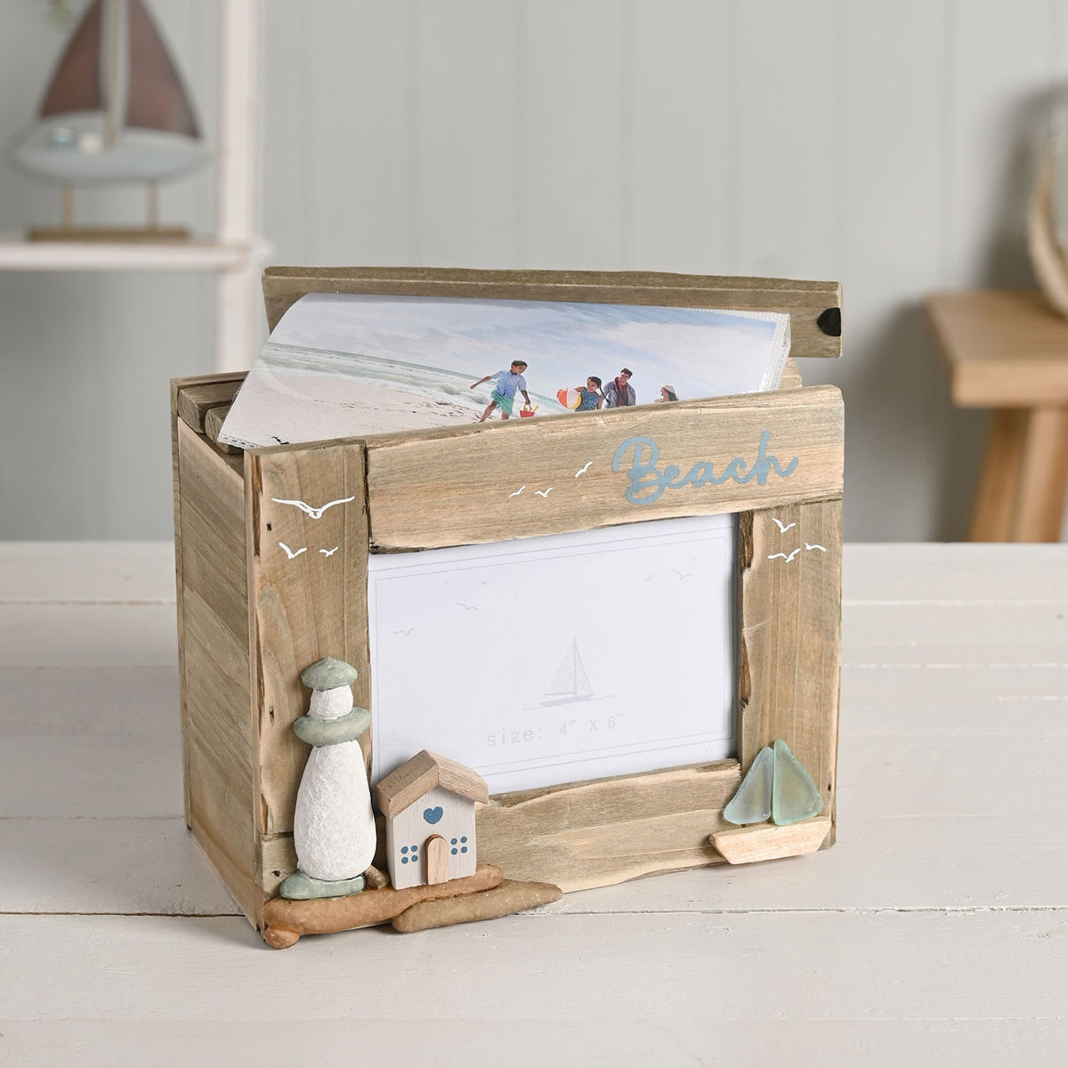 Love Life By The Sea Driftwood Photo Box with Sea Glass