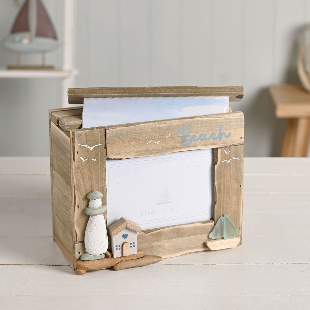 Love Life By The Sea Driftwood Photo Box with Sea Glass
