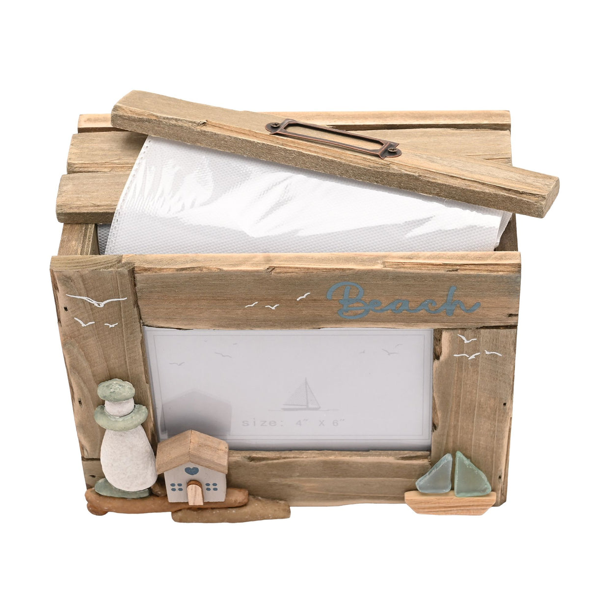 Love Life By The Sea Driftwood Photo Box with Sea Glass