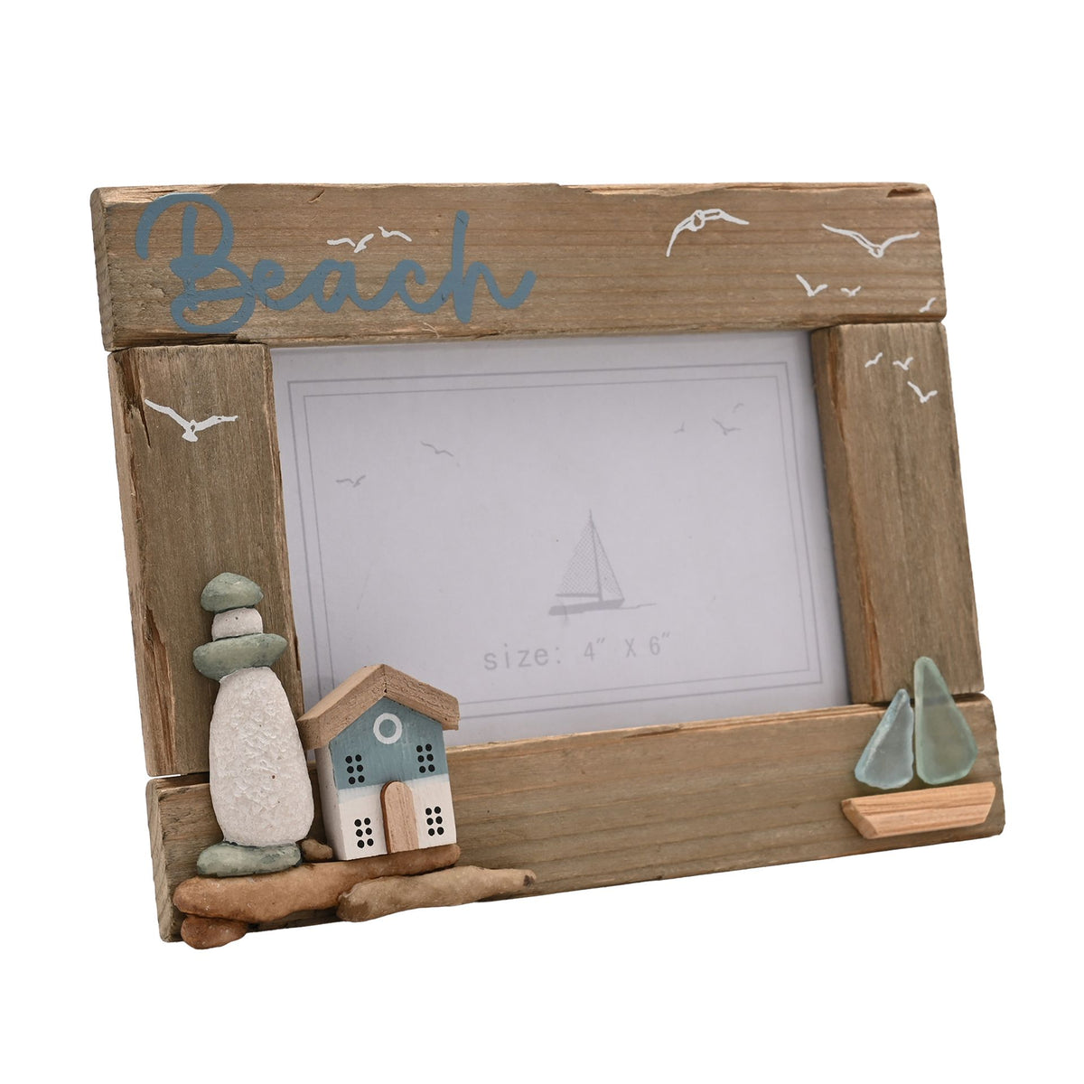 Love Life By The Sea Driftwood Photo Frame with Sea Glass