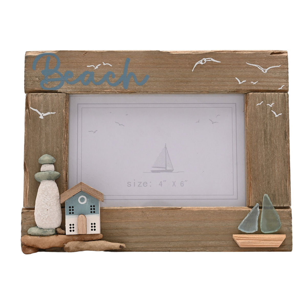 Love Life By The Sea Driftwood Photo Frame with Sea Glass