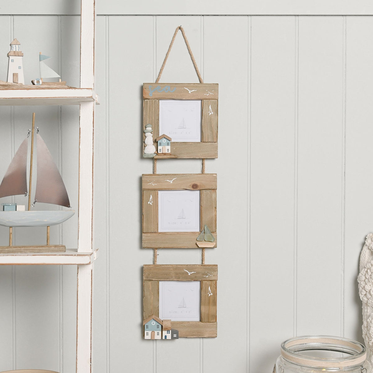 Love Life By The Sea Driftwood Triple Hanging Frame with Sea Glass