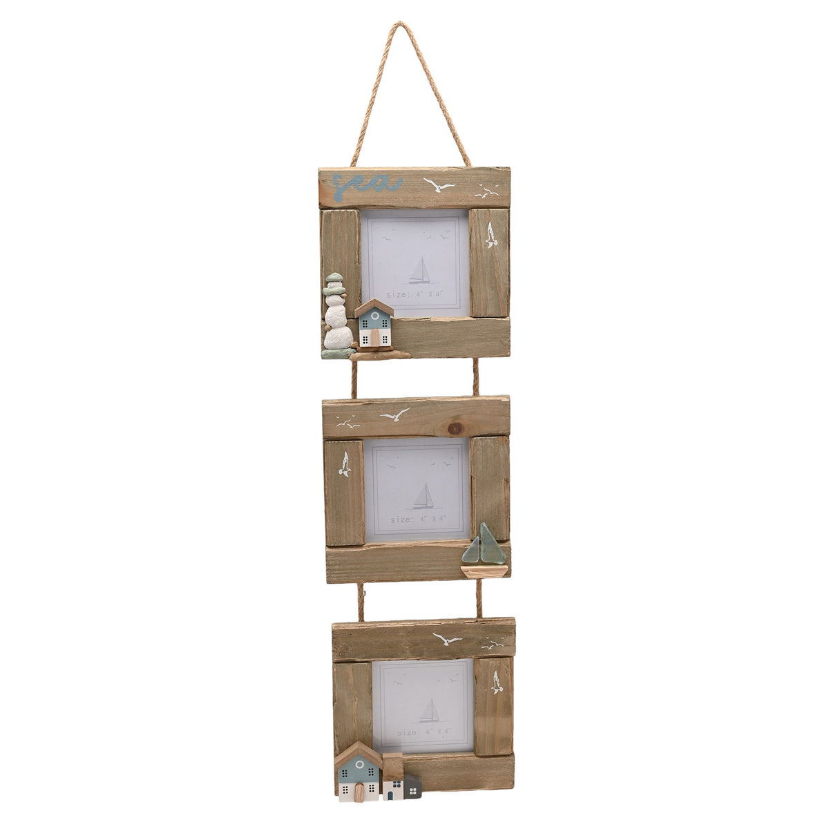 Love Life By The Sea Driftwood Triple Hanging Frame with Sea Glass